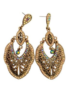 Gold Filigree Drop Earrings with Iridescent Accents